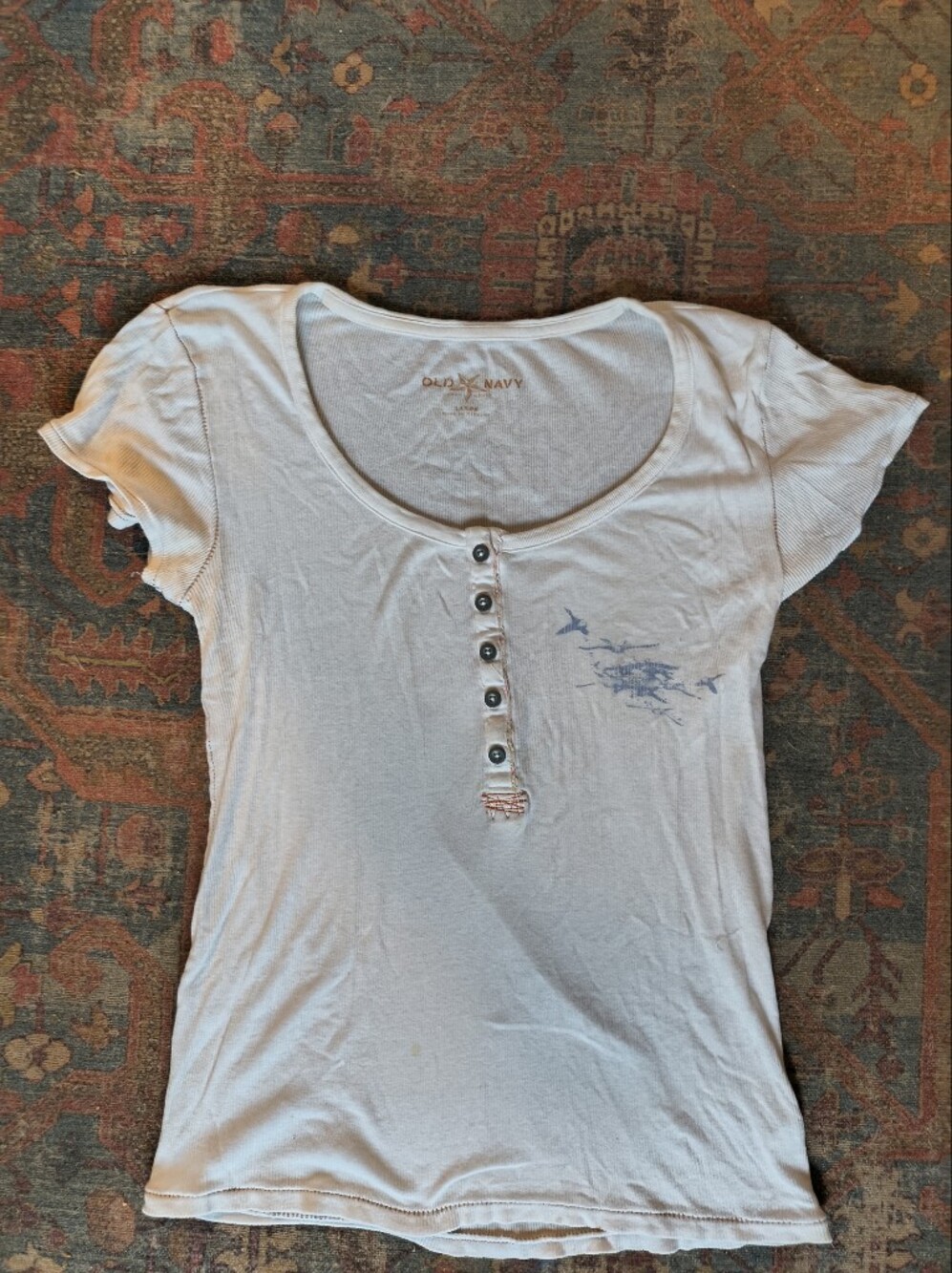 Old Navy Cream Ribbed Scoop Henley Tee with Button